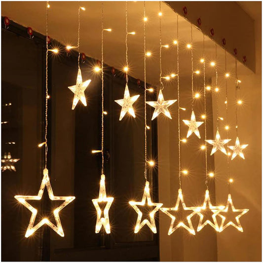 Decorative Star Curtain LED Lights for Diwali (2.5 mtr, 138 LED, 6+6 Star), Curtain String Lights with 8 Flashing Modes, Decoration for Christmas, Wedding, Party, Warm White