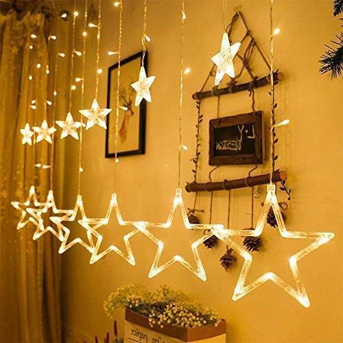 Decorative Star Curtain LED Lights for Diwali (2.5 mtr, 138 LED, 6+6 Star), Curtain String Lights with 8 Flashing Modes, Decoration for Christmas, Wedding, Party, Warm White