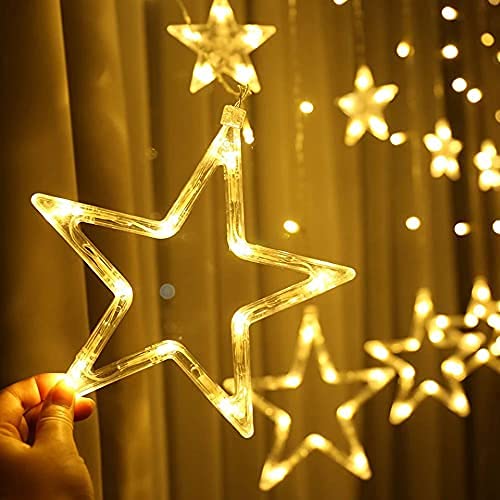 Decorative Star Curtain LED Lights for Diwali (2.5 mtr, 138 LED, 6+6 Star), Curtain String Lights with 8 Flashing Modes, Decoration for Christmas, Wedding, Party, Warm White