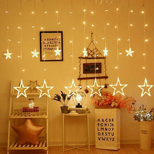 Decorative Star Curtain LED Lights for Diwali (2.5 mtr, 138 LED, 6+6 Star), Curtain String Lights with 8 Flashing Modes, Decoration for Christmas, Wedding, Party, Warm White