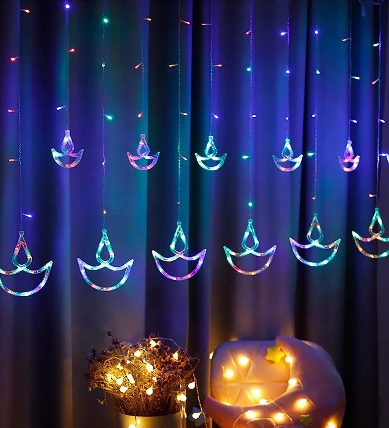 Multicolor Diya LED Curtain Lights for Diwali, Window, Festive, 2.5 m, Diya Curtain Lights (Pack of 1) Multicolor Light, Diwali Lights, Lights for Diwali, Diwali Diya Lights